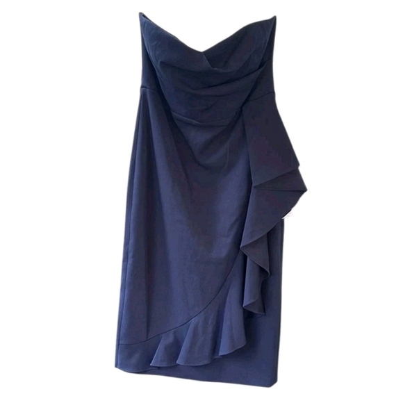NWOT Dress The Population Liv Womens (L) Navy Blue Ruffled Strapless Midi Dress - Picture 9 of 13